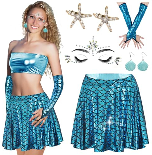 FORMIZON Meerjungfrau Kostüm Damen, Seestern Haarspange + Edelsteine Gesichtstattoo + Fischschuppen Rock + Handschuhe + Muschel Ohrringe, Meerjungfrauenkostüm für Karneval Halloween Mottoparty (L)