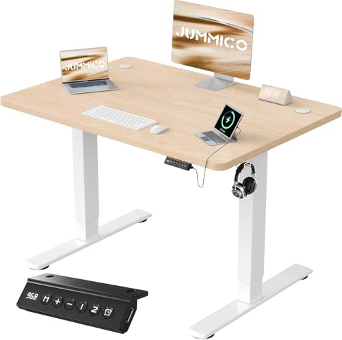 JUMMICO Scrivania Regolabile In Altezza Elettrica,100 x 60 cm,Pannello 6 Tasti Con 4 Memorie Di Altezza E Porta USB, Scrivania Da Computer Beige,Avviso Di Pausa Per Sedentarietà