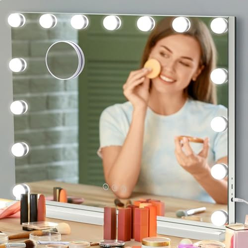 Moziel 58x45cm Specchio da Trucco Illuminante Professionale con 15 LED Regolabili, 3 Luci (Calda/Naturale/Fredda), Lente 10X Rimovibile e Montaggio Parete/Scrivania - Per Makeup Artist, Casa e Bagno