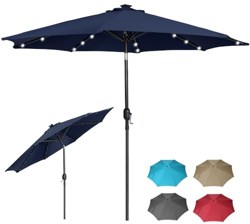 Panana 2.7m Garden Parasol with 24 Solar LED Lights, Tilting Patio Umbrella with Crank Handle, UV Protection Sun Shade Market Parasol for Garden, Deck, Pool & Terrace (Dark Blue)