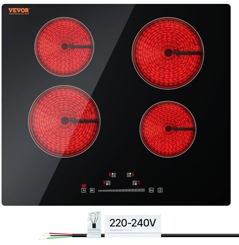 VEVOR LT4-77 - Estufa eléctrica de cerámica integrada de 23.2 x 20.5 pulgadas, placa de cocina radiante de vidrio de 240 V con control táctil, temporizador y bloqueo infantil, 9 niveles de potencia