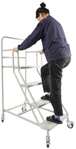 Sicherheitsleiter 4 Stufen Leiter inkl Plattform Podestleiter aus Stahl Tritthocker mit Handlauf & breitem Anti-Rutsch-Pedal Bis 400kg für Haus Lager Geschäft Supermarkt