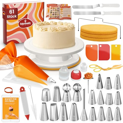 BakeBuddy Kit Repostería y Pastelería (61 piezas) - Plato Giratorio para Tartas con Boquillas de Acero Inoxidable, Manga Pastelera, Espátulas, Paletas y una Amplia Gama de Utensilios de Reposteria