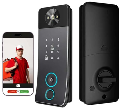 Electronic Door Lock with Cam & Doorbell, Keyless Entry Deadbolt with Video Intercom, Unlock (Fingerprint, Keypad, Card, Key, Tuya App Control), Auto-Lock, Easy DIY Installation, Smart Home Security