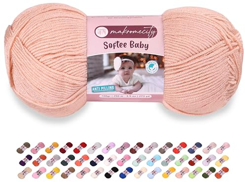 Makromecity Softee Baby Garn, 100% Anti-Pilling Acryl, 100 g, 250 m, weiches Premium Garn zum Häkeln und Stricken, Baby-Strickjacken, Decken, Mützen und Babyschuhe (Lachsfarbe, 1 Strang)