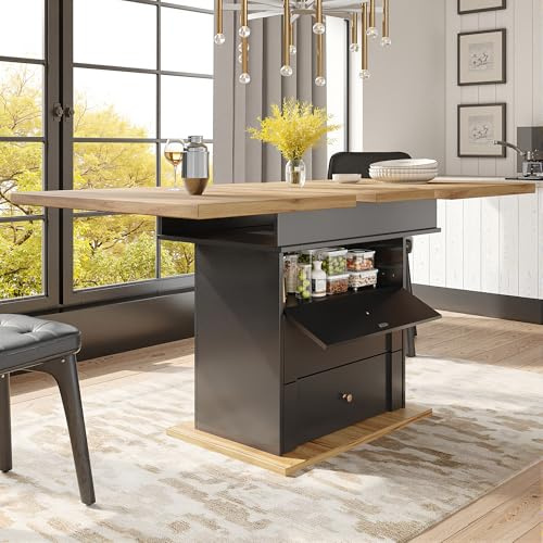 Moimhear Esstisch Teleskoptisch (110-140x80x75cm), klappbarer Küchentisch, Ausziehbarer Esstisch, für Küche, mit DREI Ablageebenen (Stil 2, Schwarz+Holz)