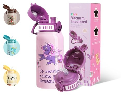 UZSPACE Edelstahl Trinkflasche Kinder 550ml mit 2 Verschiedene Deckeln, Auslaufsicher, Einhandbedienung, Isolierte Trinkflasche mit Strohhalm Kinder für Schule Kindergarten Sport, Lila