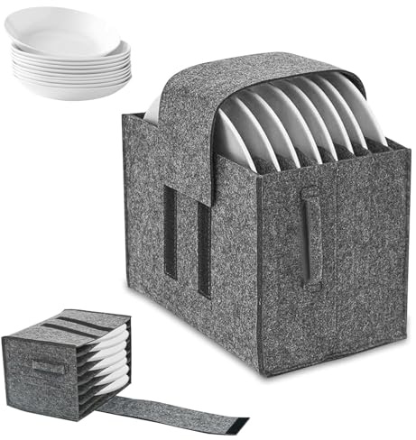 DabbOo Porte Assiettes en Feutre Gris avec 8 Compartiments et Poignées 27x22x7cm Rangement de Vaisselle de Camping pour Assiettes Tasses et Couverts Adapté pour Camping Car Caravane et PiqueNique