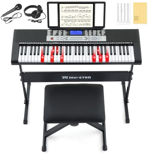 61 Key Electronic Keyboard Piano with Lighted up Keys,LCD,Headphones,X-Stand,Stool,Music Rest,Microphone,Note Stickers,Built-In Speakers,3 Teaching Modes,Ideal for Beginner Adult (Black-2)
