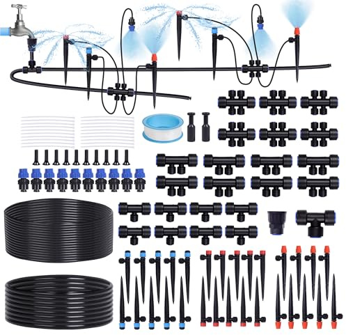 Daywhote 230FT Garden Irrigation System with 40 Nozzles & Emitters, Automatic Watering System with 1/2 & 1/4 Tube and Barbed Fittings, Garden Sprinkler for Raised Beds, Greenhouse, Lawn