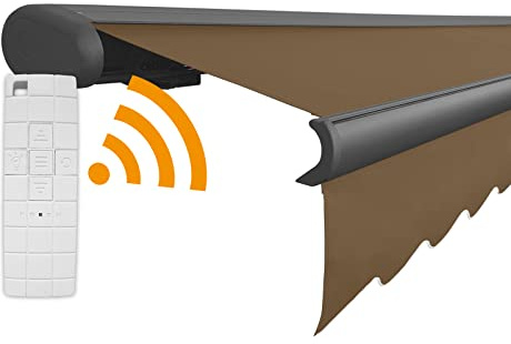 Arilco Elektrische Vollkassettenmarkise Kassettenmarkise Gelenkarmmarkise Markise Sonnenmarkise Sonnenschutz in vielen Farben und Größen wählbar in der Kassettenfarbe Anthrazit (6x3,5m Hellbraun)