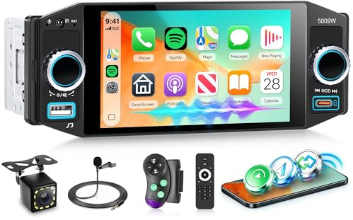 Rimoody Radio de Coche 1 DIN con Inalámbrico Carplay Android Auto Bluetooth 5.2 FM/Am/RDS, 5 Pulgadas Touchscreen Radio Coche iOS/Android Mirror Link EQ/USB/Tipo C Comandos al Volante Cámara Trasera