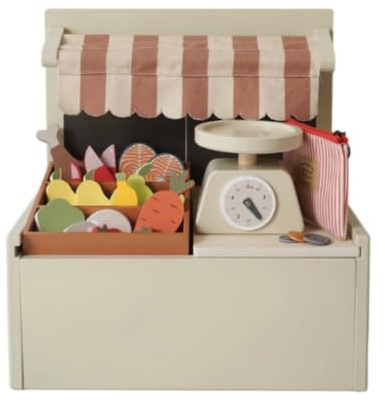FQRDKT Kinder Lernmarkt Holz Marktstand Rollenspiel Waage Lebensmittel Auslagentisch Stoffvordach für Kinderlernen Fantasie Familienaktivitäten