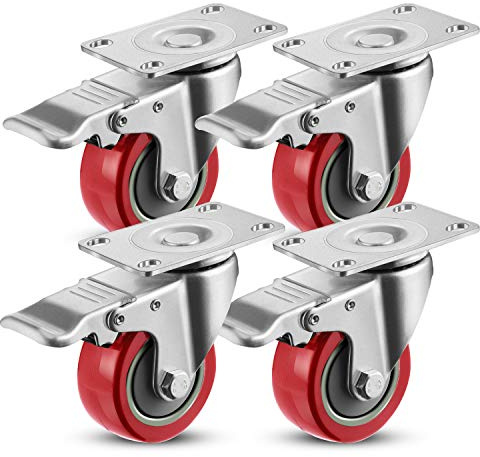 Meditool 4 Ruedas Pivotantes,400KG 75mm,Ruedas para Muebles,Ruedas Giratorias para Muebles con Freno, con Placa de Montaje (Rojo)
