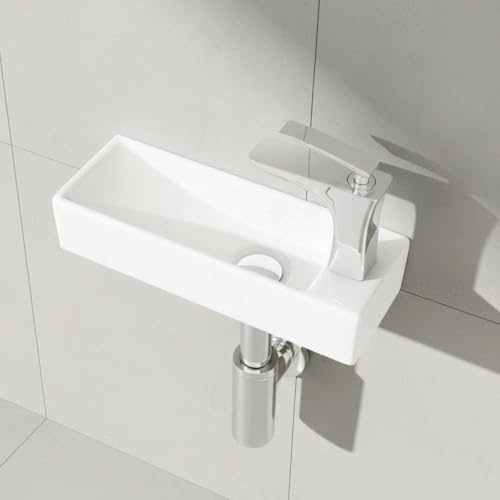 Durovin Bathrooms Mini Ceramic Sink 380 x 140 x 80mm (WxDxH) - Wall Hung Mount - Ultra Slim Rectangular Cloakroom Hand Washing Basin - One Right Hand Tap Hole