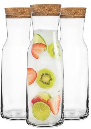 Bormioli Rocco 3 Piece Aquaria Glass Water Carafe with Cork Lid Set - Decanter Jug for Water, Wine, Iced Tea - 1.2L