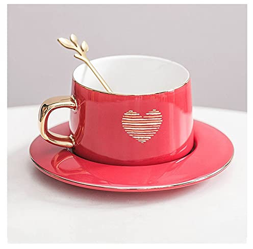Tazze e tazzine da caffè Tazze da tè Tazza da caffè in porcellana con manico Set di microonde e lavastoviglie a tazza larga per caffè latte, tè, cereali con cucchiaio da piattino rosso Tazzine da caff