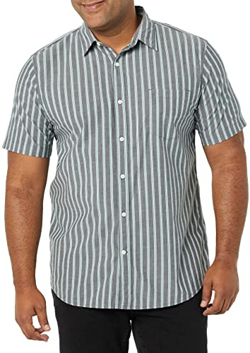Amazon Essentials Camicia in Popeline a Maniche Corte Slim Uomo, Blu Marino Righe, XXL
