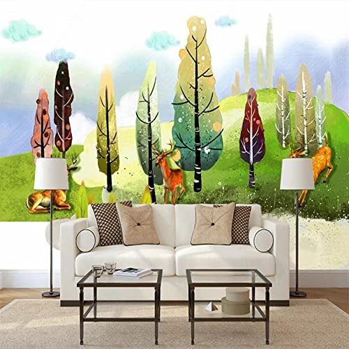 HDHGKYY 3D Wohnzimmer wandbild Cartoon Wald Baum Hirsch malerei tapete kinderzimmer Schlafzimmer Hintergrund wandaufkleber seidentuch leinwand Poster