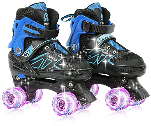 XUANYU Rollschuhe mit leuchtenden Rädern, klassische Quad-Skates für Mädchen und Jungen, bequem und atmungsaktiv, Rollschuhe für Anfänger, blau-schwarz, S (27 bis 32)