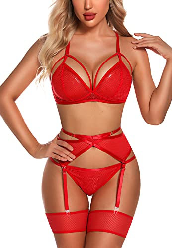 EVELIFE Women Lingerie Set with Garter Belt 4 Pieces Bra and Panty Sets High Waisted Suspenders Underwear No Stockings (Red,XXL)