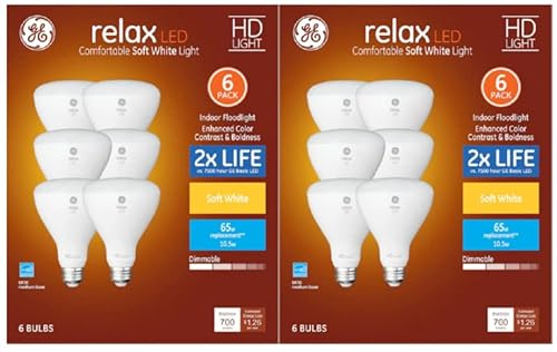 GE Relax 65 W Equivalent Dimmable Soft White Br30 LED Light Fixture, Dimmable Flood Light Bulb 3X Life (12 Pack)