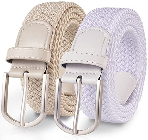TANGCHAO 2 Stücke Stoffgürtel Stretchgürtel Elastik Flechtgürtel Geflochtener und Elastischer Dehnbarer Gürtel für Damen und Herren Breite 3.3cm Weiß+Beige 100cm
