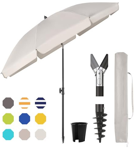Sekey 180 cm Sonnenschirm Balkon mit Bodenhülse & Schutzhülle, Neigungs und Höhenverstellung, Sonnenschirm Strand für Balkon, Garten & Terrasse, Runder Sonnenschutz UPF 50+