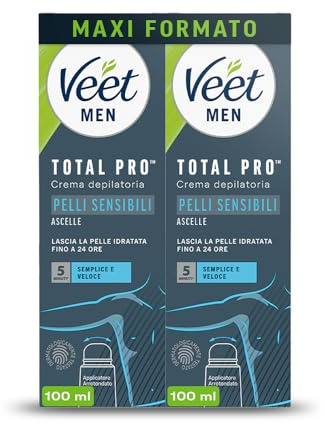 Veet Men Crema Depilatoria Uomo per Ascelle per Pelli Sensibili con Applicatore Ergonomico, Dermatologicamente Testata, 2x100 ml