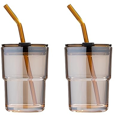 BLUEPOLAR 13oz/400ml Tumbler Water Glass, Cups with Straw and Lid Sealed Carry on for Coffee, Iced Tea, Thick Wall Insulated Glass Cup（Amber 2-Pack）