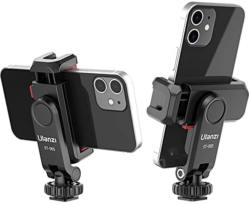 ULANZI Phone Tripod Mount ST-06S, Universal Smartphone Mount Adapter with 2 Cold Shoe, 360° Rotates Adjustable Cell Phone Clip Clamp Holder, Compatible with iPhone17/16/15, Samsung Galaxy Smartphones