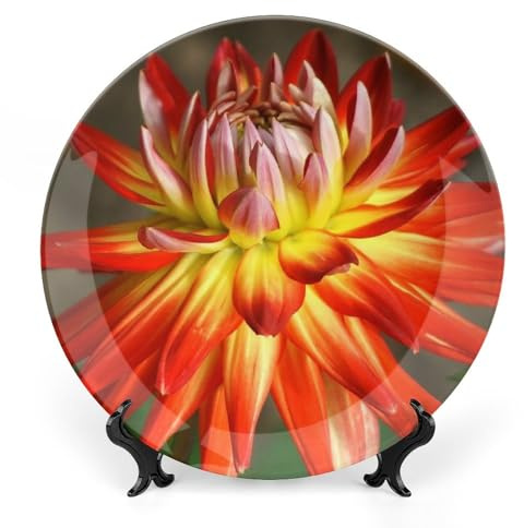 Dahlia Flower Plant Decorative Plate for Wall Ceramic Home Wobble-Plate with Display Stand Table Decor Ornament Thanksgiving Christmas Decoration Porcelain Dinner Plate Dessert Dish 10