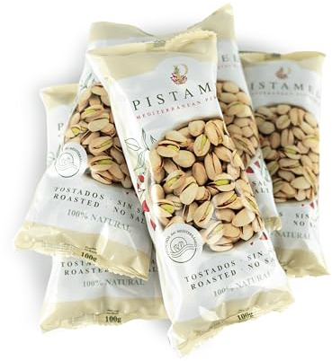 PISTAMED - Pistaches avec Coque Sans Sel Grillées Artisanalement - Riches en Fibres - Végan et Sans Gluten - Pack 6 x 100 g Portions Individuelles - Origine Espagne - Snack Naturel à Partager