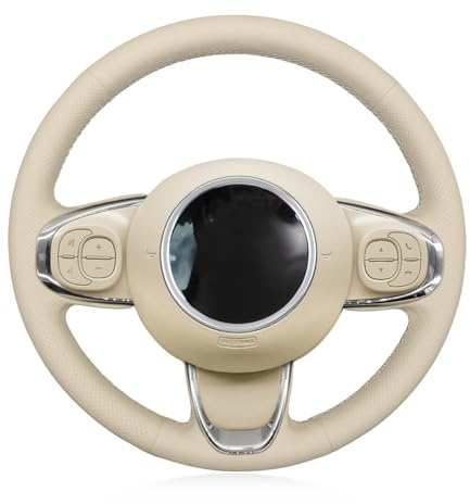 MEWANT Passgenauer Lenkradbezug zum Nähen für Handstich für 500 500C | Handstich für 500 2015-2021 / 500C 2016-2021 Beige Kunstleder Atmungsaktiv Für Beheizte Lenkräder Langlebig