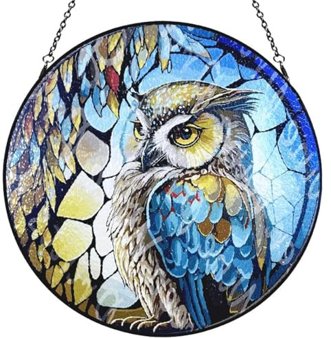 12 Stained Glass Window Hanging,Large Owl Handmade Stained Glass Suncatcher,Hand Painted Decor,Owl Suncatcher for Window,Include Metal Chain