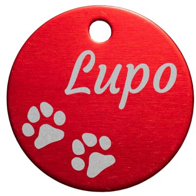 Unikat Branding Hundemarke mit Gravur personalisiert, Rot, 35 mm | Adressanhänger und Namensschild für Hund, Katze, Welpe, Anhänger fürs Hundehalsband, beidseitig graviert mit Telefonnummer