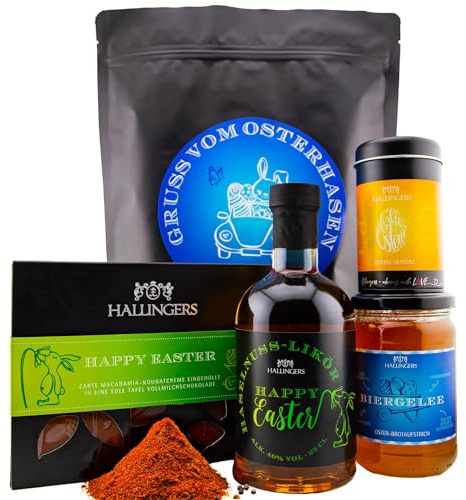 Hallingers Genuss Manufaktur Feinkost Oster-Geschenk-Set - XXL-Wundertüte Gruß vom Osterh... großes Osternest Ostertafel, Biergelée, Likör & Osterei-Gewürz, Ostern Körbchen für Frauen Männer