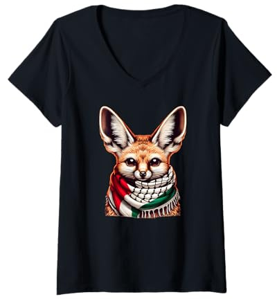 Femme Fennec Algerien avec Le Keffieh Echarpe de Palestine T-Shirt avec Col en V