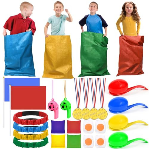 NLMWTI Outdoor Spiele für Kinder, 4 in 1 Gartenspielzeug Kinder Outdoor Spiele Gartenspiele für Kinder, Sackhüpfen Säcke, Eierlaufen, 3Bein Rennen, Medaillen, Outdoorspiele Beschäftigung
