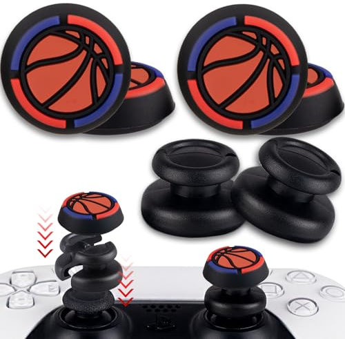 PlayRealm NO Falling Off Thumbstick Extender x 2 & Thumb Grip x 4 for PS5 & PS4 Controller (Basketball)