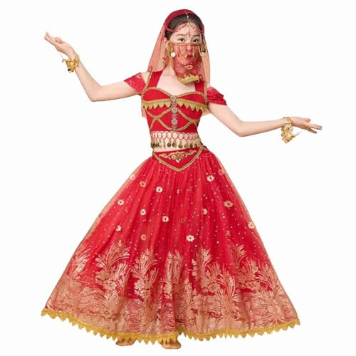EFLALYHG Mädchen Bauchtanzkleid Jasmin Prinzessin Kleid mit Münze Bauchtanz Chiffon Kleid Indischer Tanz Performance Kostüme Halloween Karneval Kleider,Burgundy,M