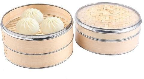 AIZYR Bamboo Steamer 3 Tiers Chinese Food Bamboo Steamers, Steamer for Cooking Bao Bun, Dim Sum, Dumplings, Seafoods,21cm