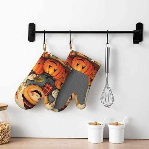 Silikon Ofenhandschuhe 2 Stück Happy Fall Ofenhandschuhe für Damen Herren Hitzebeständige Grillhandschuhe Wasserdicht rutschfest BBQ Handschuhe für Küche Kochen