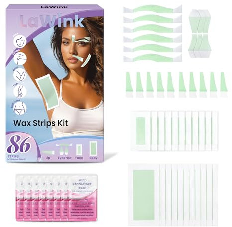 LaWink Cold Wax Strips waxing strips Hair Removal 86 Strips 6 Calming Oil Wipes Facial Wax Strips eyebrow hair removal Brazilian Body Waxing Strip for Bikini, Leg Wax Strips 6 different shapes