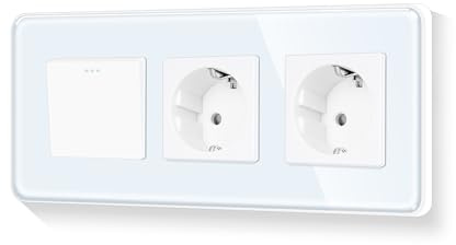 LIAONFOY Runde Schuko 1 Fach 1 Weg Unterputz Lichtschalter mit Doppel Steckdose Glasrahmen Wandsteckdose mit Gekurbte Kanten rahmen Weiß 110-250V 228mm