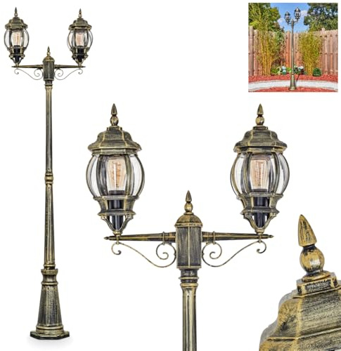 HOFSTEIN Kandelaber Lentua, Außenwegeleuchte aus Metall/Kunststoff in Schwarz/Goldfarben/Klar, Wegeleuchte im Vintage/Antik/Landhaus-Design für Garten, Außenbereich, Hof, Höhe 216 cm, 2 x E27, IP44