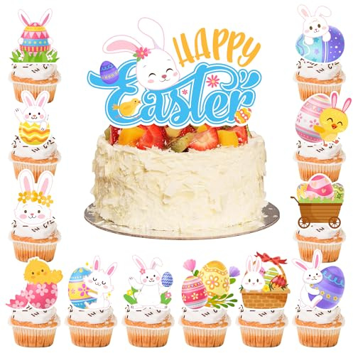Pascua Topper de Tarta, 24 Pcs Adorno de Cupcake de Pascua/Pascua Cupcake Toppers & 1 Pcs Decoración para Tartas de Pascua para Suministros de Decoración de Fiesta de Pascua