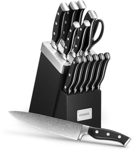 FOHERE Coltelli da Cucina, Set Coltelli da Cucina con Ceppo Affilacoltelli Integrato, 14 Pezzi, Coltelli da Cucina Professionale, Acciaio Inossidabile, Nero