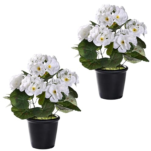 SEBOVIM 2PCS Artificial Geraniums Silk Flowers for Grave Home Outdoor Decor Garden Ruby Red (White)