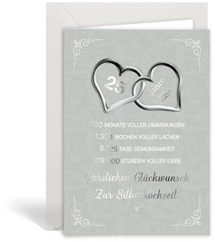 MEJOSER Silberhochzeit Karte 12x18cm Geschenk mit Umschlag Silberne Hochzeit Klappkarte 25 Jahre Geschenke Hochzeitstag Deko für Frauen Männer